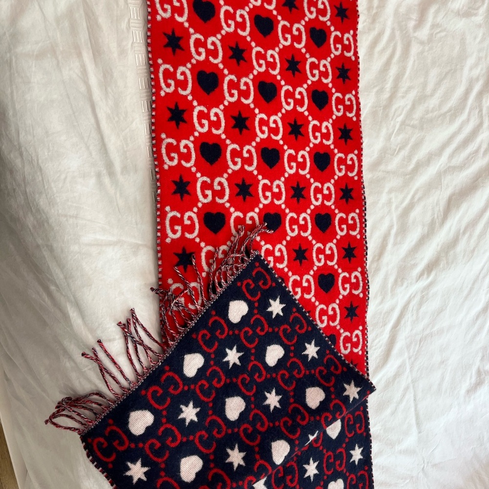Gucci Red and Blue Heart Star Scarf 100% wool